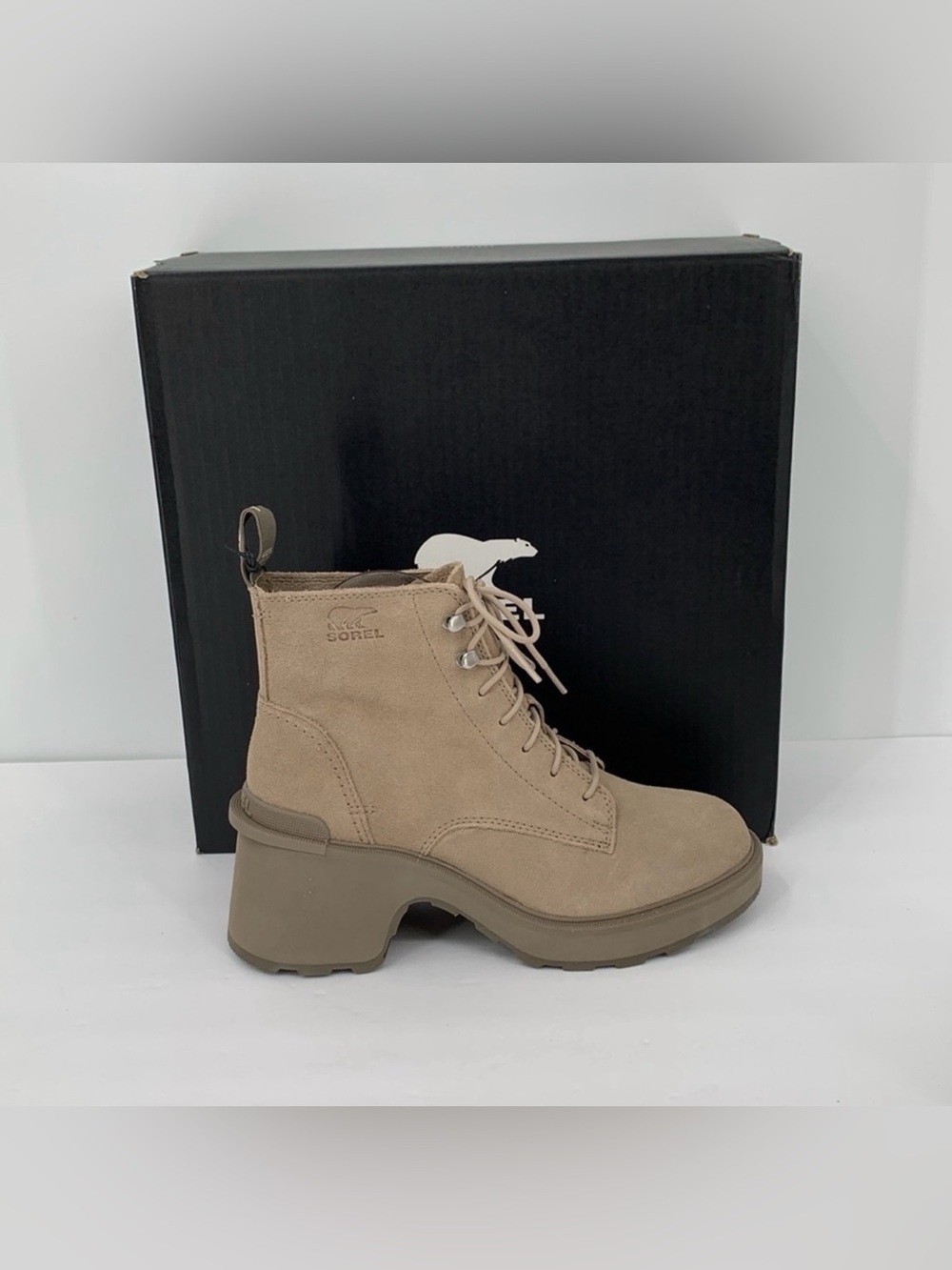 Sorel Hi-line lug boots suede leather waterproof chunky platform Taupe new 8